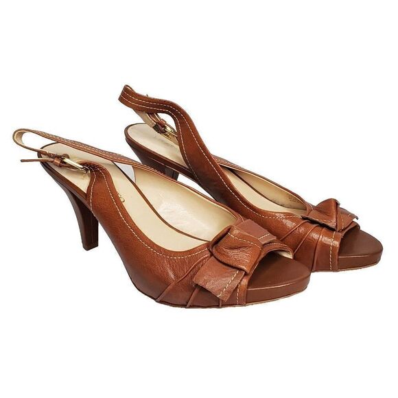 Franco Sarto Leather Slingback Heel Sandal 10M Brown Open Toe w/ Bow - Picture 1 of 7